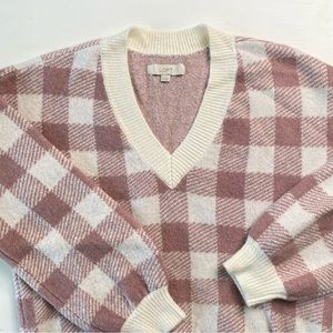 LOFT Light Purple and Off-White Checker V-Neck Sweater